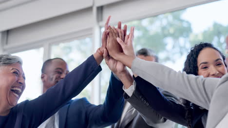 Business-people,-hands-and-high-five-in-meeting