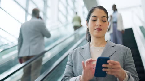 Business-woman,-escalator-and-phone-in-office-to