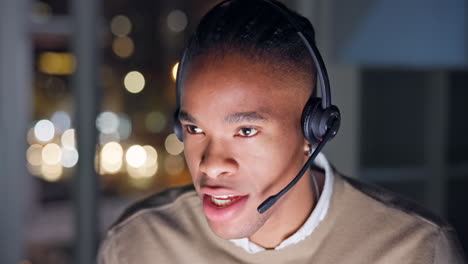 Black-man,-telemarketing-and-consulting-at-night