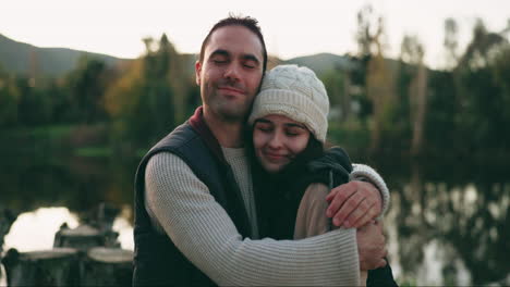 Couple,-outdoor-and-hug-with-adventure