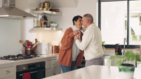 Old-couple-in-kitchen,-coffee-and-communication