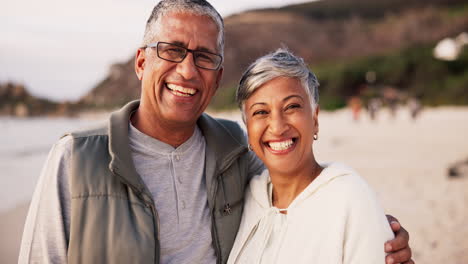 Senior-couple,-portrait-on-beach
