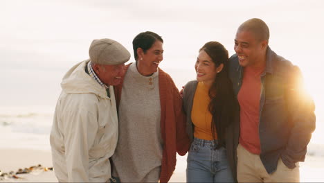 Couple,-funny-and-elderly-parents-at-beach