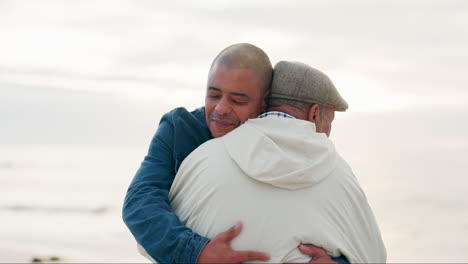 Senior-father,-man-and-hug-at-beach-with-love