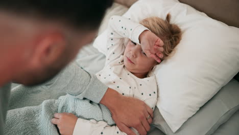 Worried-parent,-sick-girl-sad-in-bed