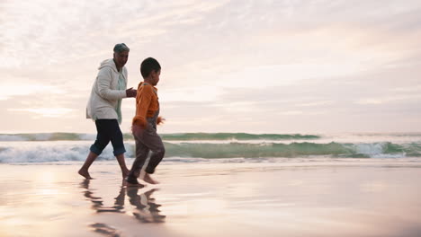 Beach,-happy-and-grandmother-running-with-child