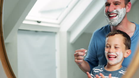 Dad,-child-and-shaving-cream-on-face-in-bathroom