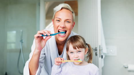 Face,-mom-and-girl-kid-brushing-teeth-in-home