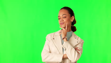 Green-screen,-thinking-and-face-of-woman-in-studio