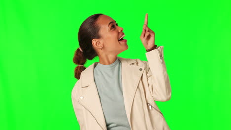 Green-screen,-pointing-up-and-happy-woman-excited