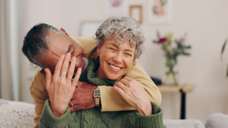 Happy,-hug-and-interracial-senior-couple-at-home
