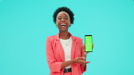 Thumbs-up,-phone-and-black-woman-with-green-screen