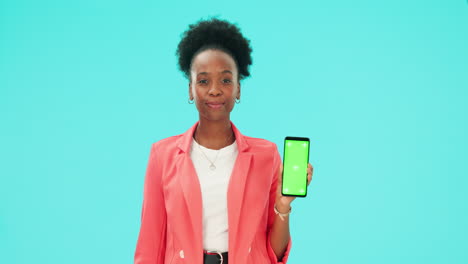 Confused,-phone-and-black-woman-pointing-to-green