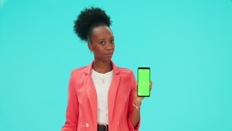 Confused-face,-phone-and-black-woman-with-green