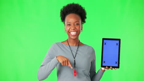 Tablet,-green-screen-and-woman-face-with-hand