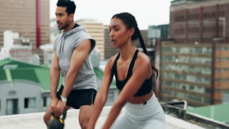 Exercise,-athlete-and-rooftop-with-kettle-bell