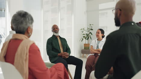 Black-man,-psychology-or-therapy-meeting-in-circle