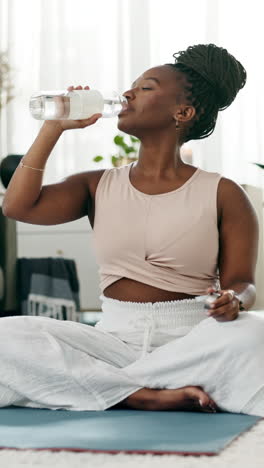 Drinking-water,-yoga-or-black-woman-in-home