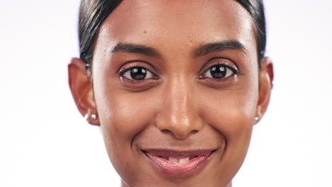 Indian-woman,-face-and-studio-closeup-for-smile