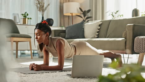 Woman,-plank-or-laptop-in-living-room-on-floor