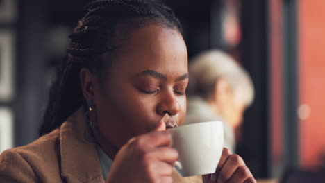 Business,-coffee-drink-and-black-woman-enjoy-taste