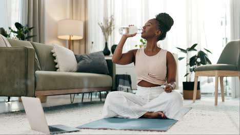 Drinking-water,-yoga-or-black-woman-in-home
