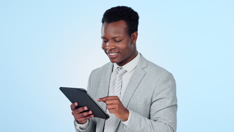 Happy-black-man,-tablet-and-research