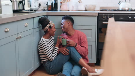 Kitchen-floor,-coffee-and-black-couple-laughing
