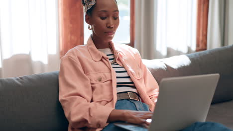 Home,-thinking-and-black-woman-with-a-laptop