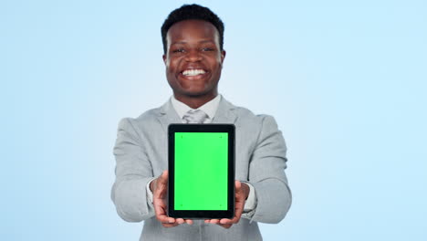 Face,-green-screen-and-black-man-with-a-tablet