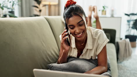 Computer,-phone-call-and-happy-woman-on-sofa