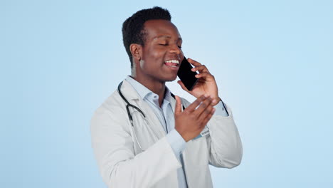 Man,-doctor-and-phone-call-in-studio
