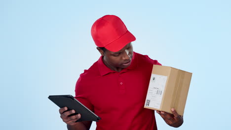 Boxes-delivery,-tablet-or-happy-man-in-studio