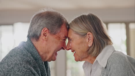 Happy-senior-couple,-foreheads-and-love-in-care