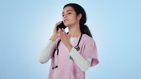 Phone-call,-nurse-and-woman-on-blue-background
