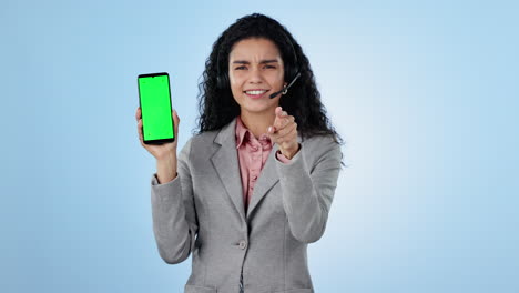 Woman,-call-center-and-phone-green-screen