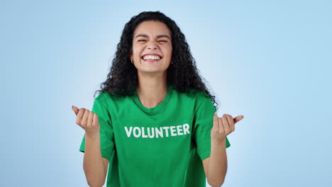 Volunteer,-invite-and-face-of-woman-on-blue