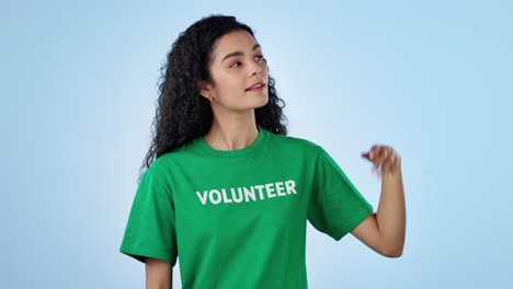 Volunteer,-happy-woman-and-palm-gesture