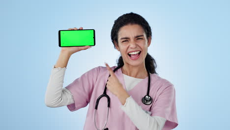 Enfermera,-Mujer-Y-Teléfono-Con-Pantalla-Verde-Para-Atención-Médica