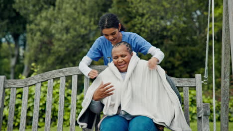 Happy-woman,-doctor-and-patient-hug-on-park-bench
