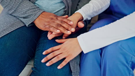 Women-holding-hands,-nurse-and-trust-with-support