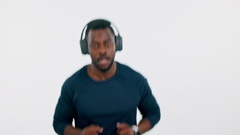 Music-headphones,-tired-and-black-man-running
