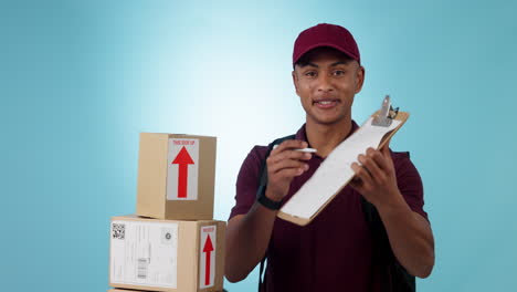 Box-delivery,-happy-man-and-studio-clipboard