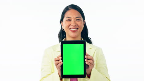 Happy-asian-woman,-tablet-and-green-screen