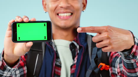 Hiking,-green-screen-and-phone-with-hand-pointing