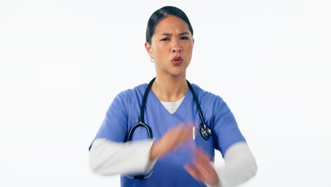 Nurse,-face-and-no-with-hands-of-woman-in-studio