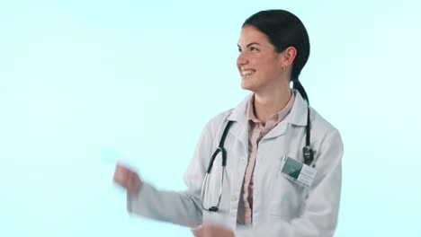 Mujer-De-Estudio,-Sonrisa-Y-Doctor-Apuntando-Al-Médico