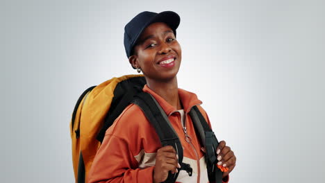 Backpacker,-woman-and-a-tourist-portrait-in-studio