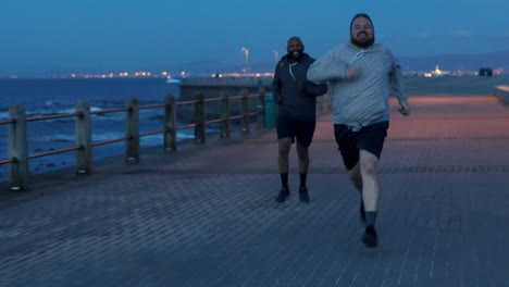Plus-size-fitness,-ocean-and-men-running