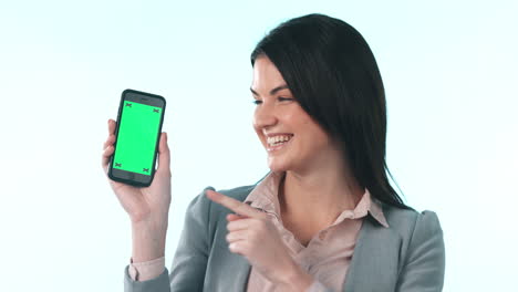 Okay,-business-woman-and-green-screen-of-phone